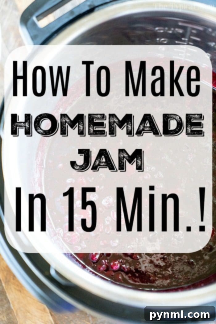 Delicious Homemade Instant Pot Jam Two small mason jars of instant pot jam on a wooden surface.
