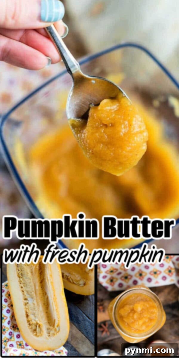 A spoonful of pumpkin butter held above a jar, with fresh pumpkin shown below—perfect inspiration for your next Pumpkin Butter recipe.