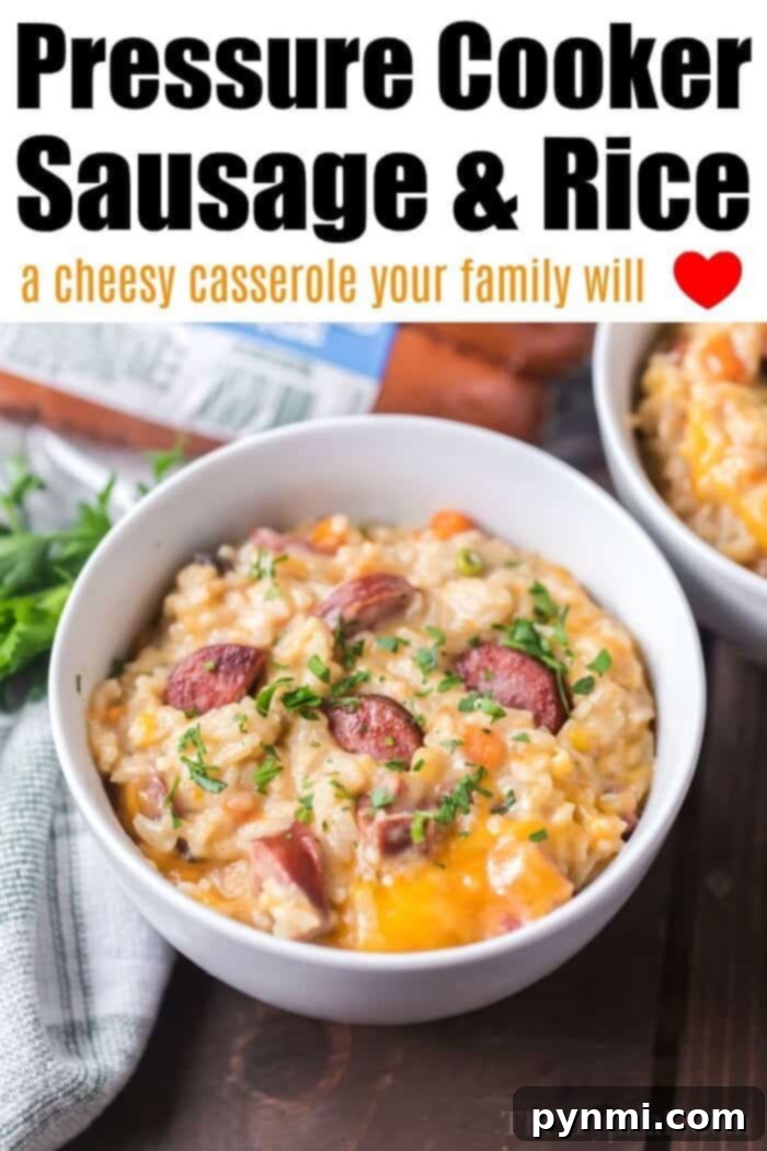 A bowl of Instant Pot sausage and rice features perfectly sliced sausage, fluffy rice, melted cheese, and fresh herbs. Another bowl of the same delightful dish is partially visible, creating a cozy and inviting scene with a striped cloth and a sprig of parsley in the background.