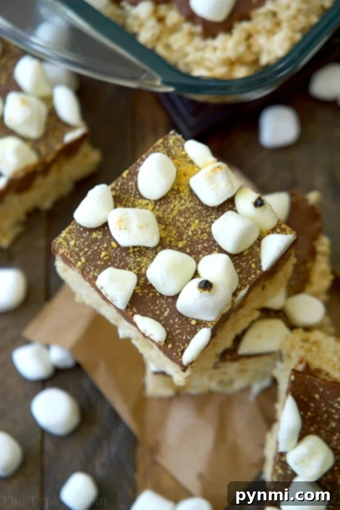 13 Simple S'mores Delights 3 S'mores Rice Krispy Treats with melted chocolate and marshmallows