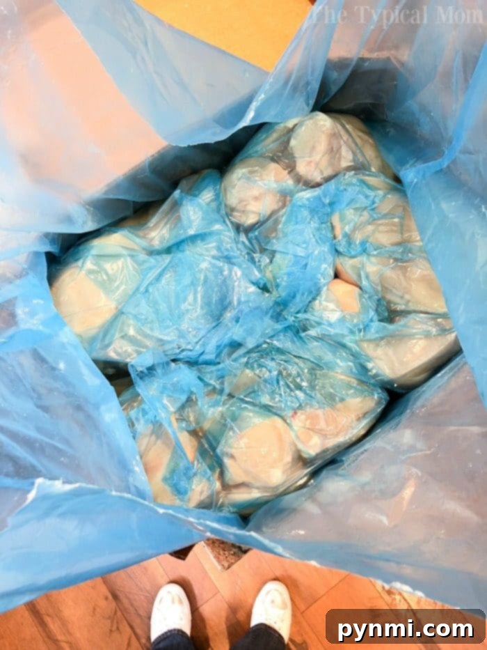 A large cardboard box filled with individually wrapped chicken pieces, reflecting a successful bulk purchase from a farmer or wholesaler.