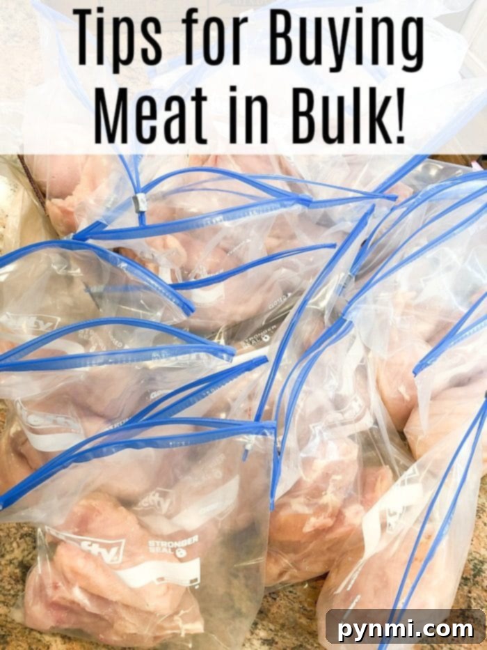 Various cuts of meat, including ground beef and steaks, neatly packaged in freezer bags, signifying a successful bulk purchase and preparation for storage.