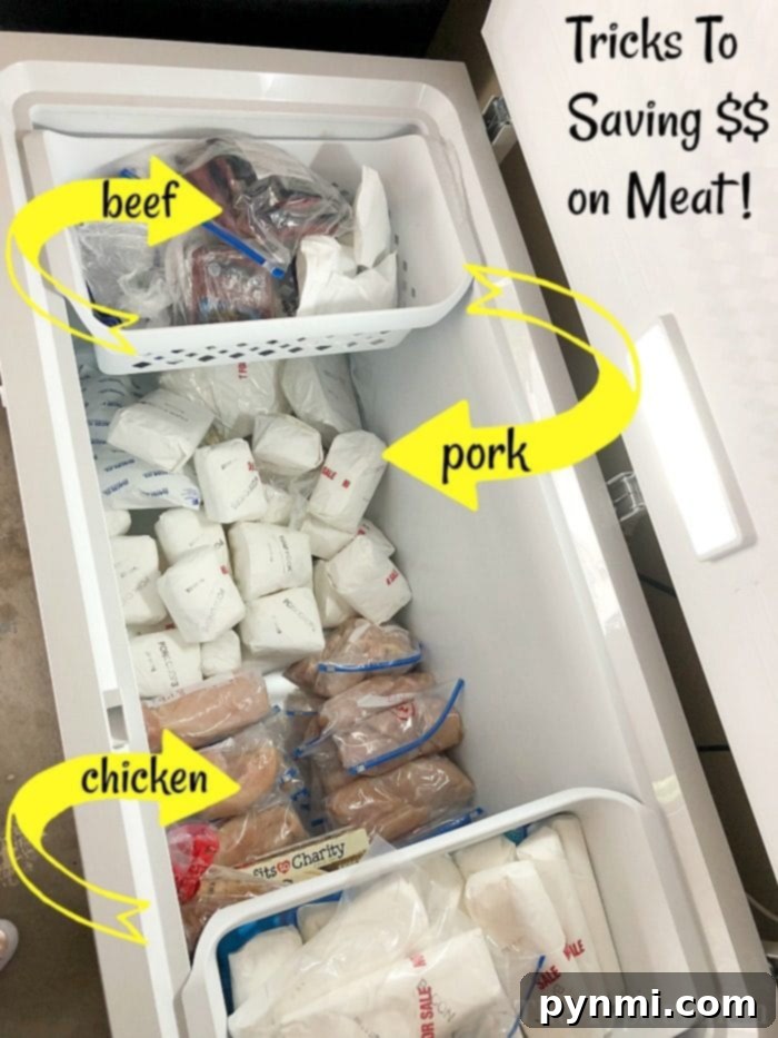 A variety of bulk-packaged meats, including chicken, beef, and pork, neatly stored in a chest freezer, ready for meal planning.