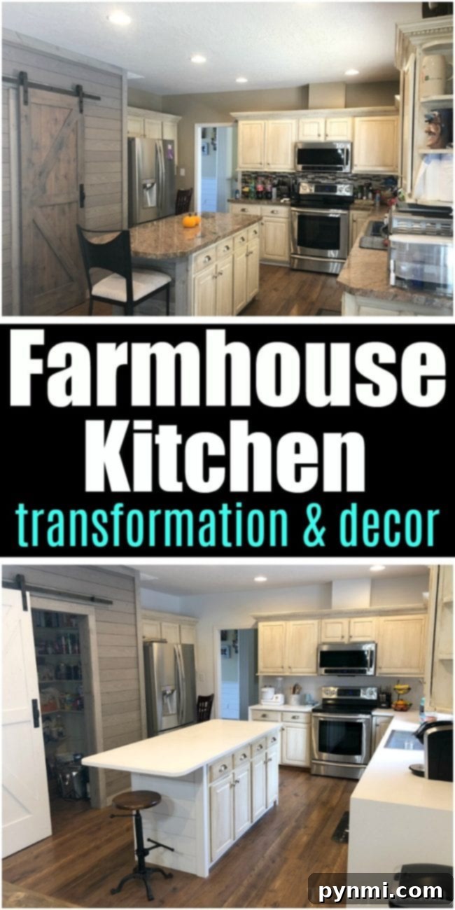 A dramatic peek at how we transformed our dark kitchen into a bright room with fun Farmhouse kitchen decor and a barn door pantry everyone loves! Witness the before and after of our #farmhouse #decor #masonjar #barndoor #decorating #farmhousestyle #farmhousedecor Farmhouse Kitchen Before and After Decor