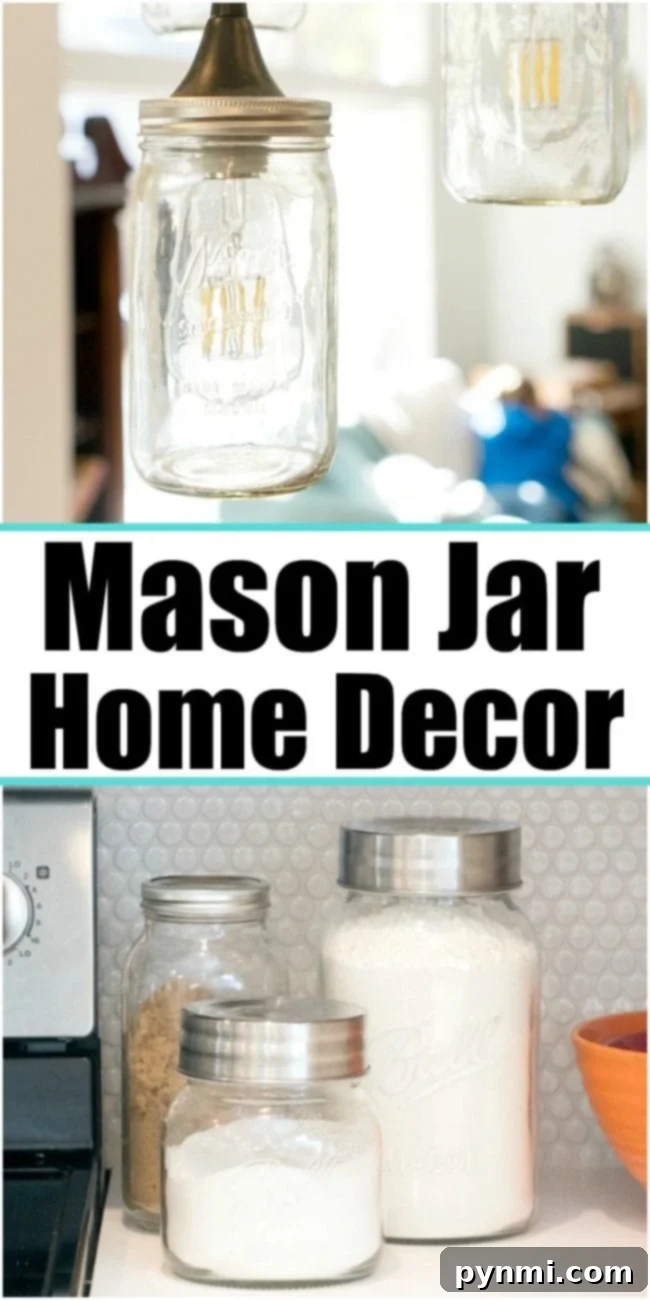 Discover a plethora of mason jar home decor ideas! Here's a peek at how we transformed our dark kitchen into a bright room with fun Farmhouse kitchen decor and a barn door pantry everyone loves! #farmhouse #decor #masonjar #barndoor #decorating #kitchen #table #lights #chairs Mason Jar Decor Ideas