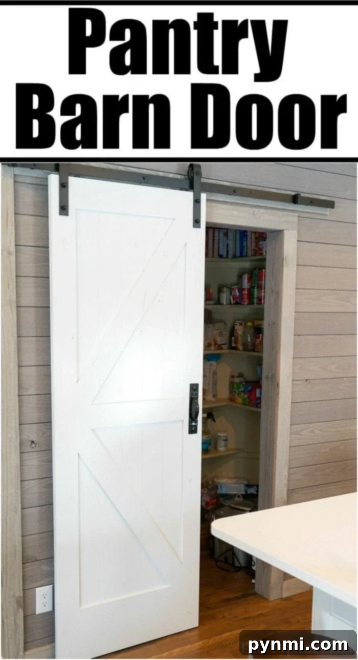 We adore our pantry barn door! Learn how easy it is to install. See how we brightened our dark kitchen with Farmhouse decor and this beloved barn door pantry! #farmhouse #decor #masonjar #barndoor #decorating #kitchen #table #lights #chairs Barn Door Pantry Ideas