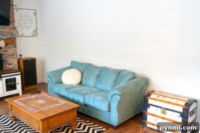 Our Beautifully Completed White Shiplap Accent Wall in the Living Room Finished Shiplap Accent Wall in Living Room