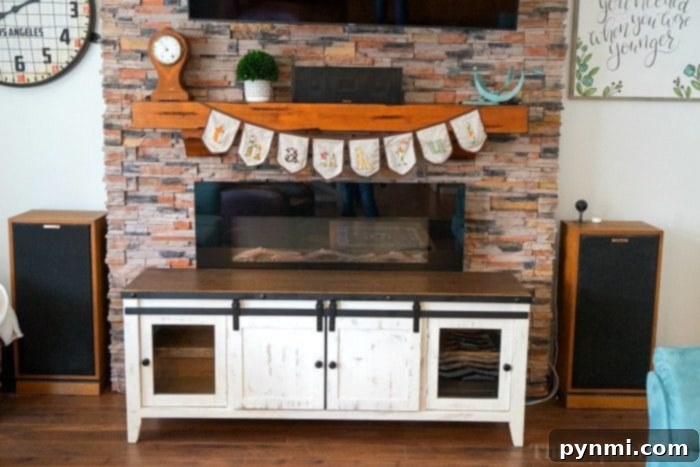 Modern Farmhouse TV Stand Against a Shiplap Accent Wall White Farmhouse TV Stand with Shiplap Background
