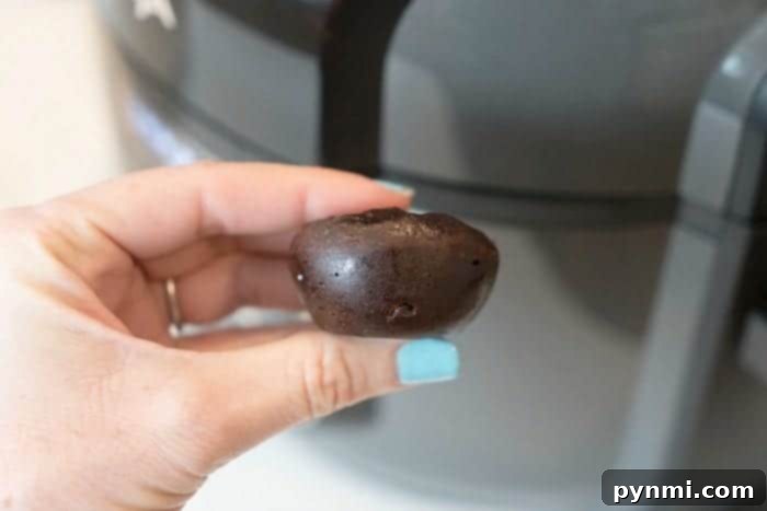 A hand holding a small, round brownie bite cooked in Ninja Foodi, ready to be enjoyed.