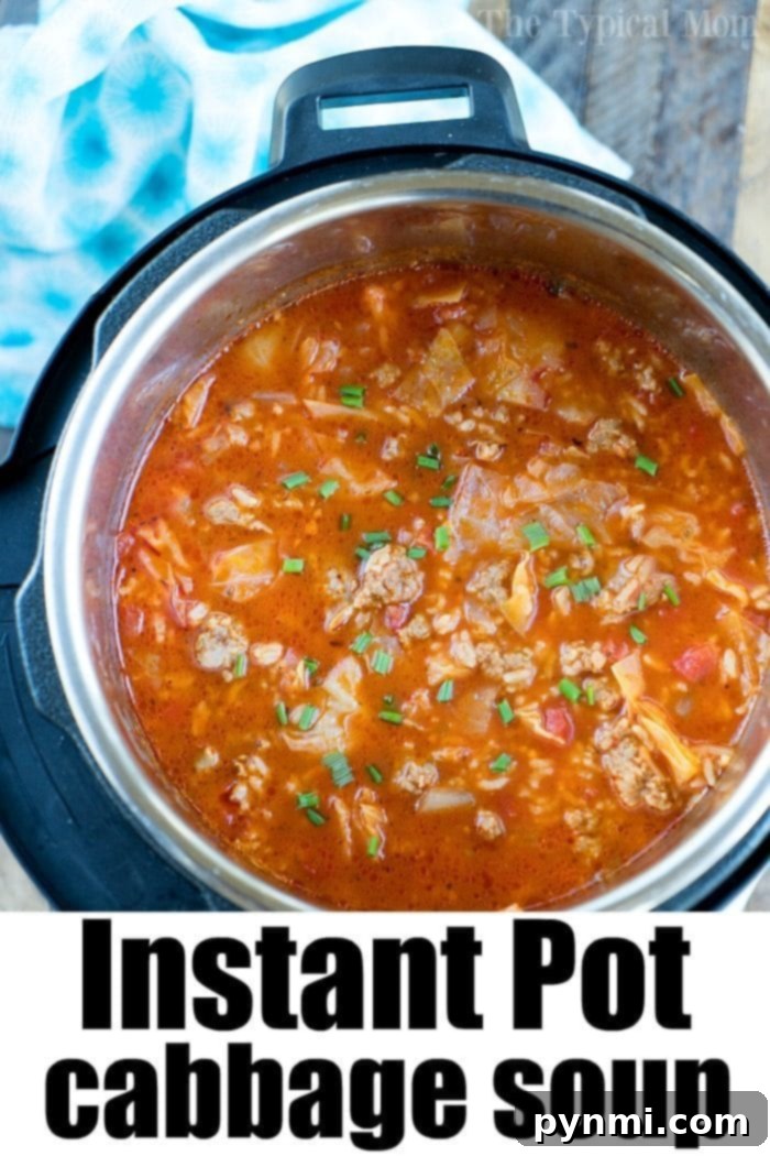 A close-up of pressure cooker cabbage soup with ground meat and rice.