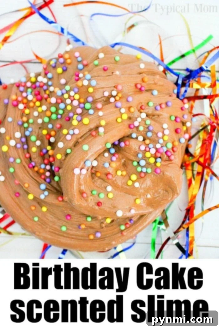 Delicious chocolate birthday cake slime with sprinkles on a white surface, made without borax
