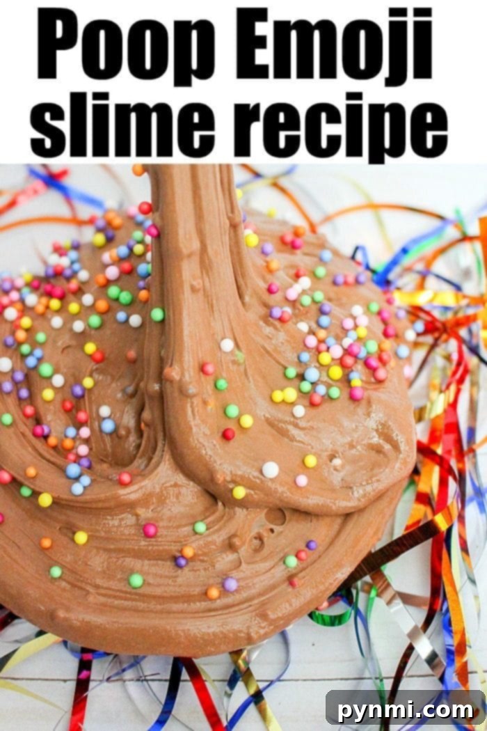 Finished chocolate birthday cake slime stretched and ready for play, showing fluffy texture and sprinkles