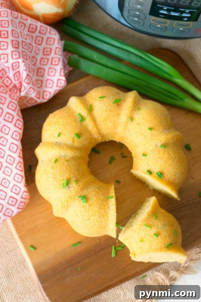 Effortless Instant Pot Thanksgiving 8 Fluffy pressure cooker cornbread, baked in a bundt pan, a delightful addition to your Thanksgiving spread.