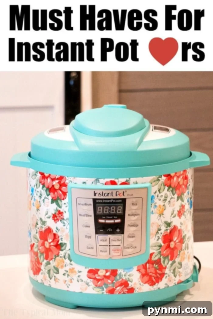 Best Instant Pot accessories for Instant Pot lovers, it may be yourself! Need a gift guide for Instant Pot fanatics in your family, it's here. #instantpot #giftguide #accessories #best #thetypicalmom #tips A multi-function Instant Pot with a floral decorative wrap is shown. The display is lit up with various cooking modes and instant pot recipes. Text at the top says, Must Haves For Instant Pot Lovers.