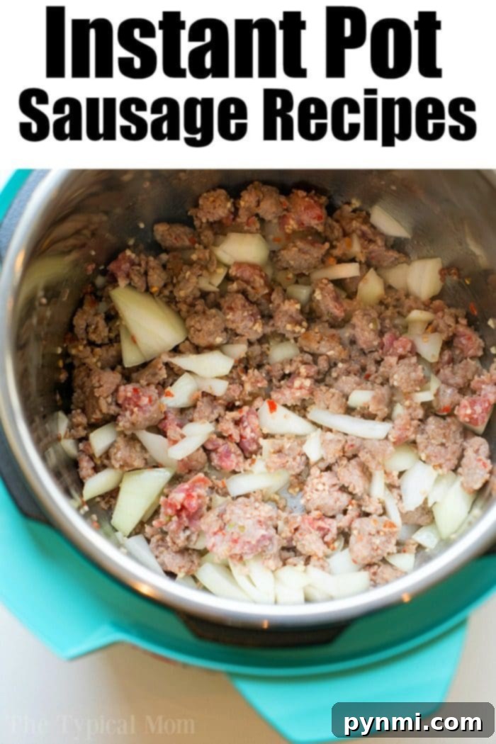 Chopped ground sausage, diced onions, and shredded green cabbage are actively simmering inside an Instant Pot, showcasing the start of a delicious pressure cooker sausage and cabbage meal.