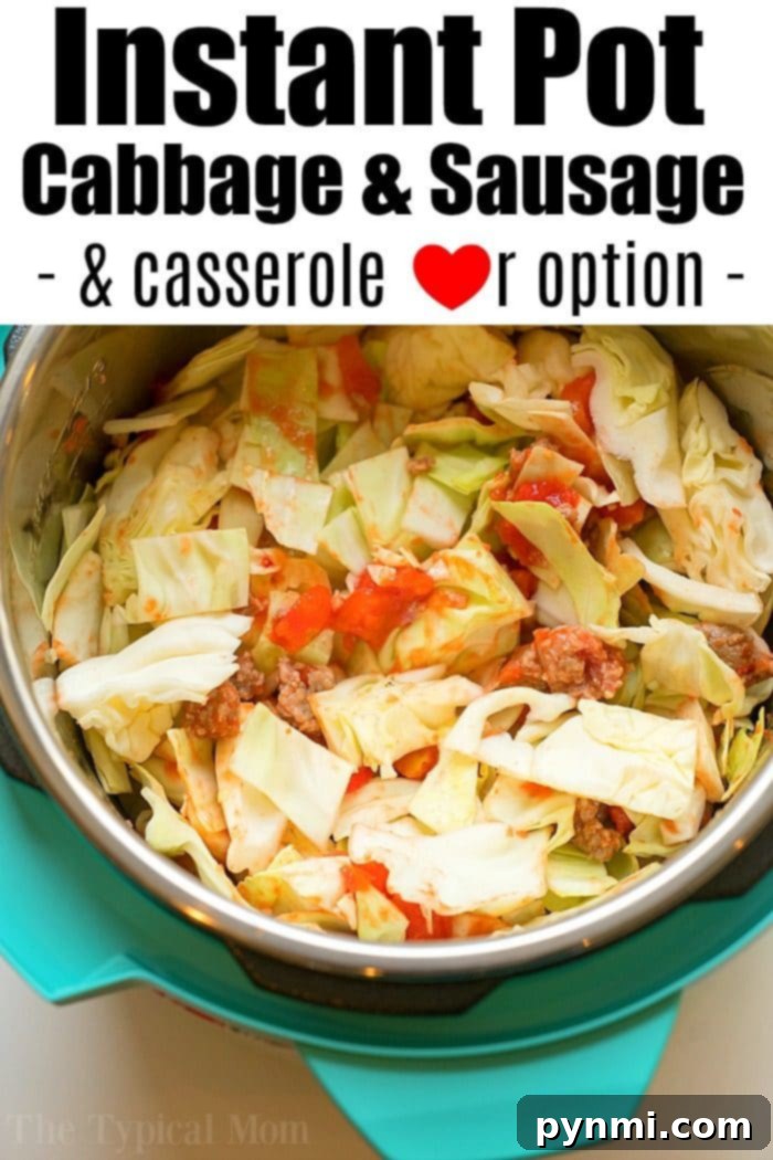 A hearty Instant Pot cabbage casserole, rich with tender cabbage and savory sausage, ready to be served. A perfect family dinner idea.