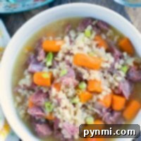 A warm bowl of beef and barley soup, brimming with tender carrots and green onions, effortlessly prepared in the instant pot.