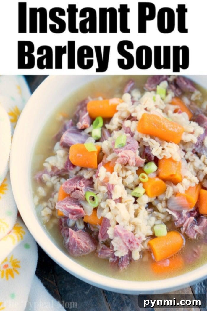 This Instant Pot barley soup with ham is a tasty healthy dinner idea we all loved. Using uncooked barley and leftover ham we packed it with vegetables too. #instantpotrecipes #instantpot #pressurecooker #soup #barley #ham #beef #healthy #barleysoup #thetypicalmom A hearty bowl of pressure cooker barley soup with beef, vegetables, and a spoonful of sour cream.