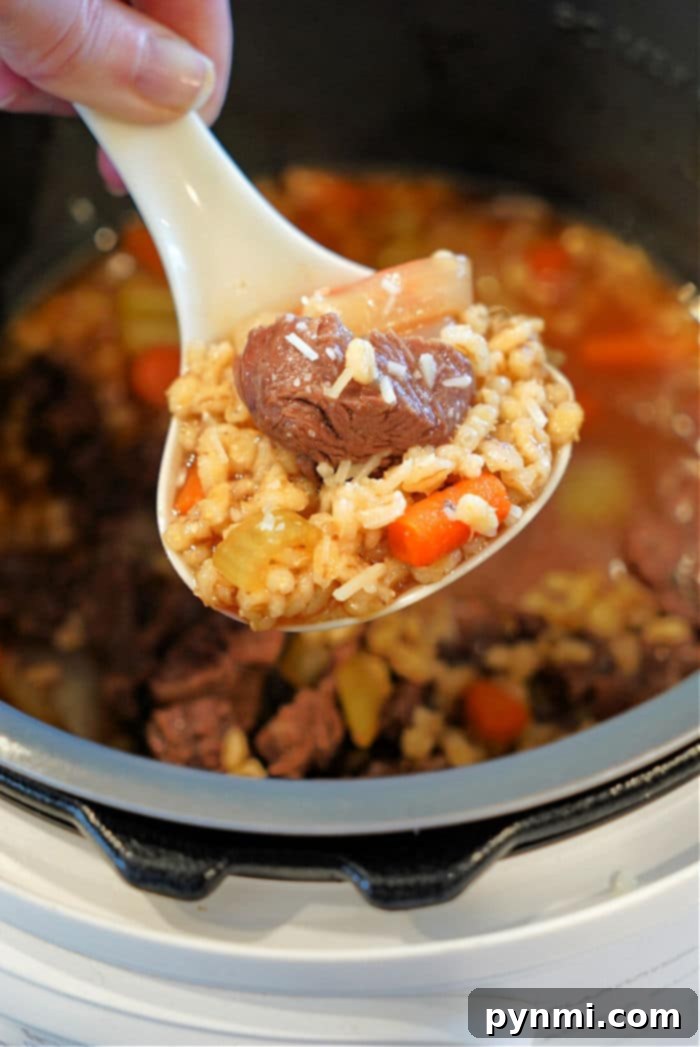 Hearty Instant Pot Barley Stew 5 A generous serving of Pressure Cooker Beef Barley Soup in a white bowl, garnished with parsley.