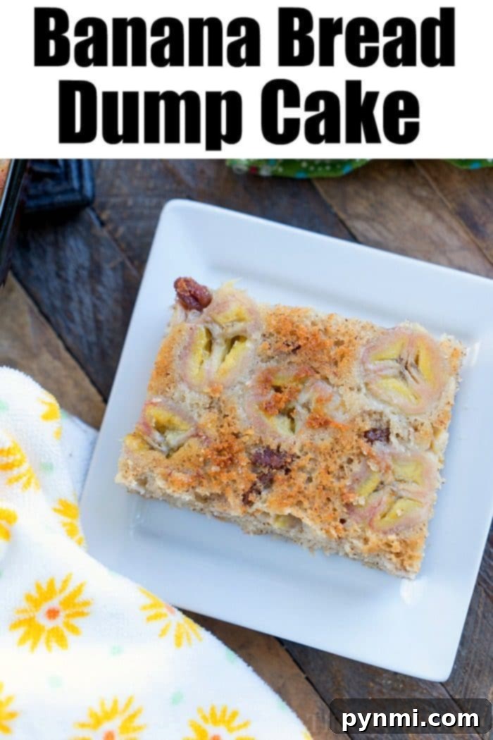 Delicious banana dump cake, easy to prepare for banana bread enthusiasts. Perfect with a caramel drizzle. A close-up of a rustic banana bread dump cake, showing its moist texture and golden-brown crust, inviting a taste.
