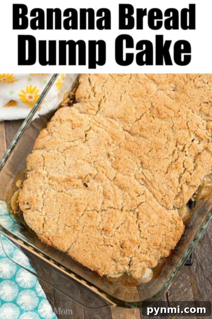 Fluffier Banana Dump Cake with eggs, a delicious twist on the classic, perfect for dessert. A beautifully presented, fluffier Banana Dump Cake, showing bananas baked into the cake and a delightful golden finish.