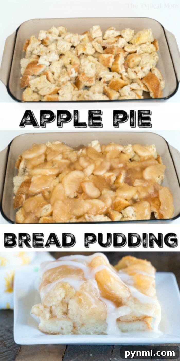 Spiced Apple Pie Bread Pudding 4 Steps for creating easy bread pudding, showing bread cubes soaking in custard before adding the apple pie filling layer.