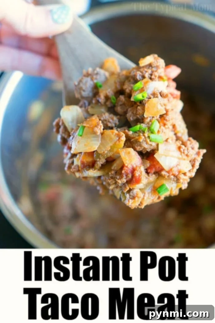 This is how to make the best Instant Pot taco meat with ground beef plus 4 other ways to make Instant Pot tacos you will love. Taco Tuesdays are set! #instantpot #pressurecooker #tacomeat #groundbeef #instantpotrecipes #thetypicalmom A close-up shows a spoonful of savory taco meat, garnished with fresh onions and chives, hovering above an Instant Pot. Text reads: Instant Pot Taco Meat.