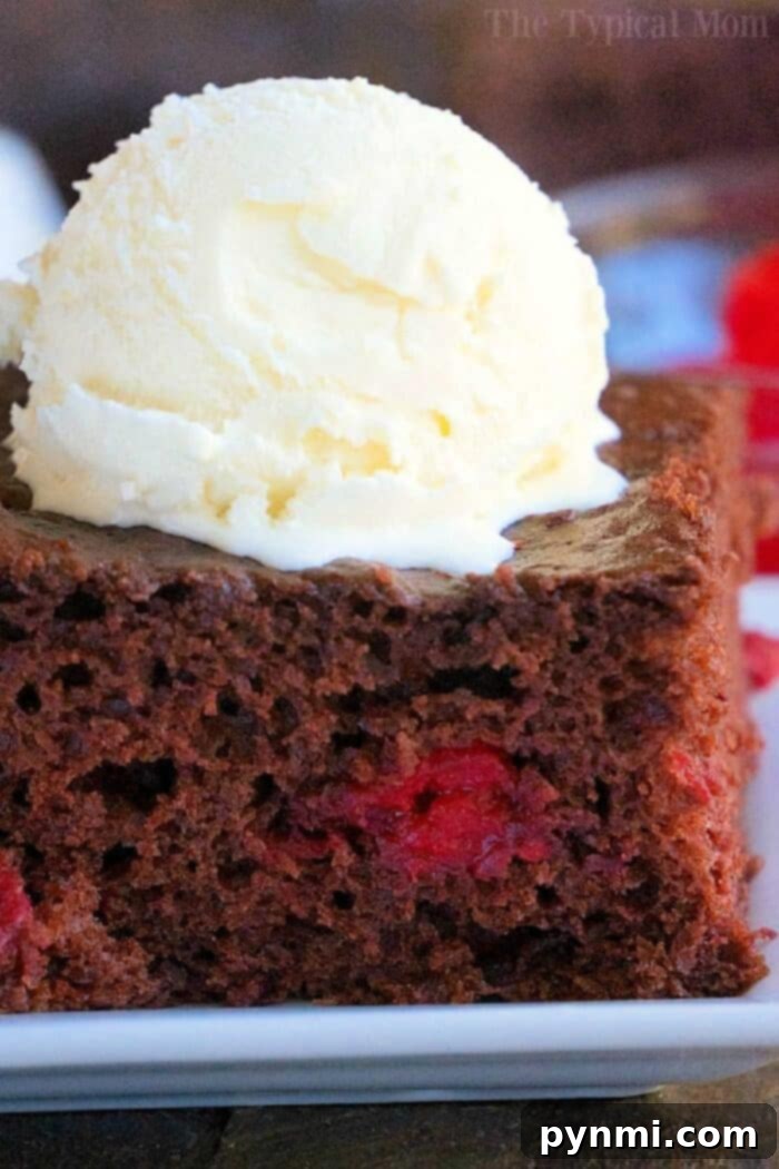 Delicious Duncan Hines chocolate cake with cherry pie filling, ready to be served