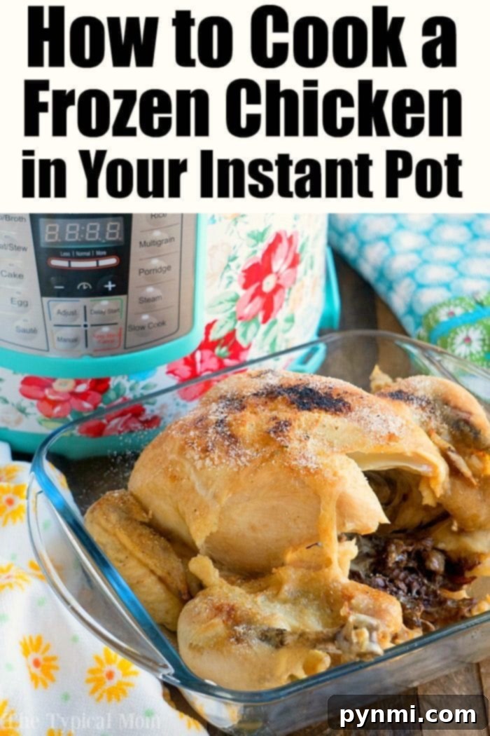 Frozen whole chicken in an Instant Pot! From rock hard frozen to tender and juicy in 1 hour you'll always be able to get dinner done. #instantpot #pressurecooker #frozen #wholechicken #frozenchicken #instantpotrecipes #thetypicalmom Pressure Cooker Frozen Whole Chicken 2, showcasing a tender and juicy result.