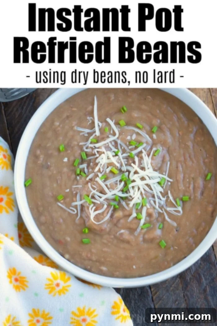 A serving of creamy Instant Pot refried beans garnished with fresh herbs.