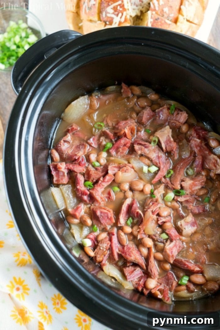 A bowl of slow cooker ham and beans, showcasing the rich, thick broth and tender beans, ready to be eaten. A perfect comfort food.