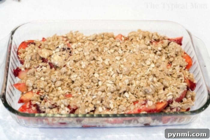 A close-up shot of the fruit filling for cranberry apple cobbler in a glass dish, showing chunky apple slices and vibrant cranberries coated in sauce, ready for the topping to be added. The natural colors of the fruit are prominent.