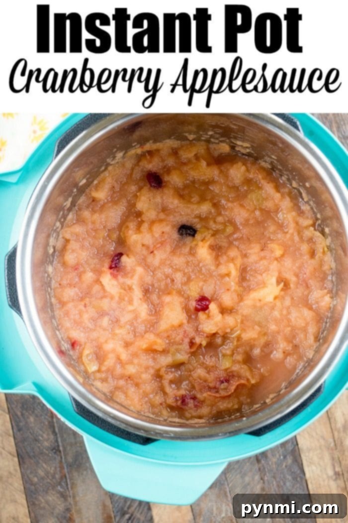 This Instant Pot cranberry applesauce is a great Thanksgiving or Christmas side dish or snack throughout the year. It's a great sweet homemade treat. #instantpot #instantpotrecipes #thetypicalmom #cranberry #applesauce #homemade #pressurecooker #crockpotexpress close up of cinnamon cranberry apple sauce