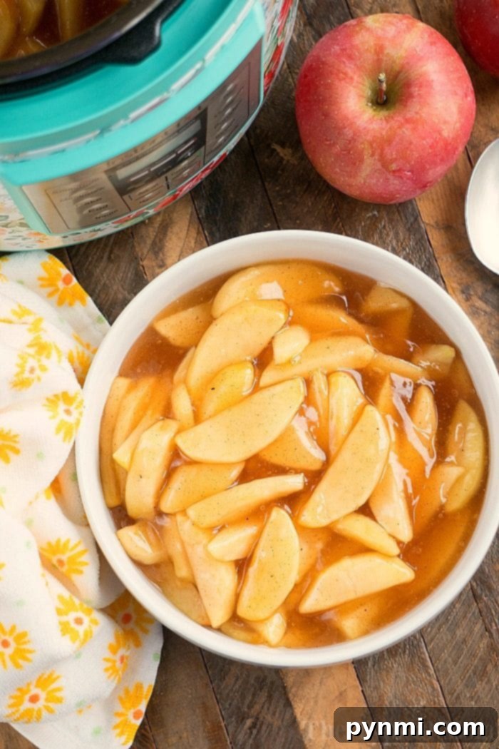 A beautiful bowl of fresh pressure cooker apple pie filling, ready to be enjoyed as a dessert or ingredient.