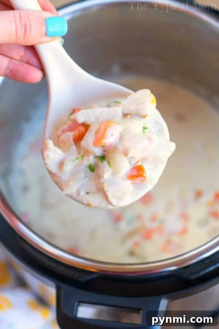 A bowl of creamy turkey pot pie soup, garnished with fresh herbs, showcasing chunks of turkey and vibrant vegetables.