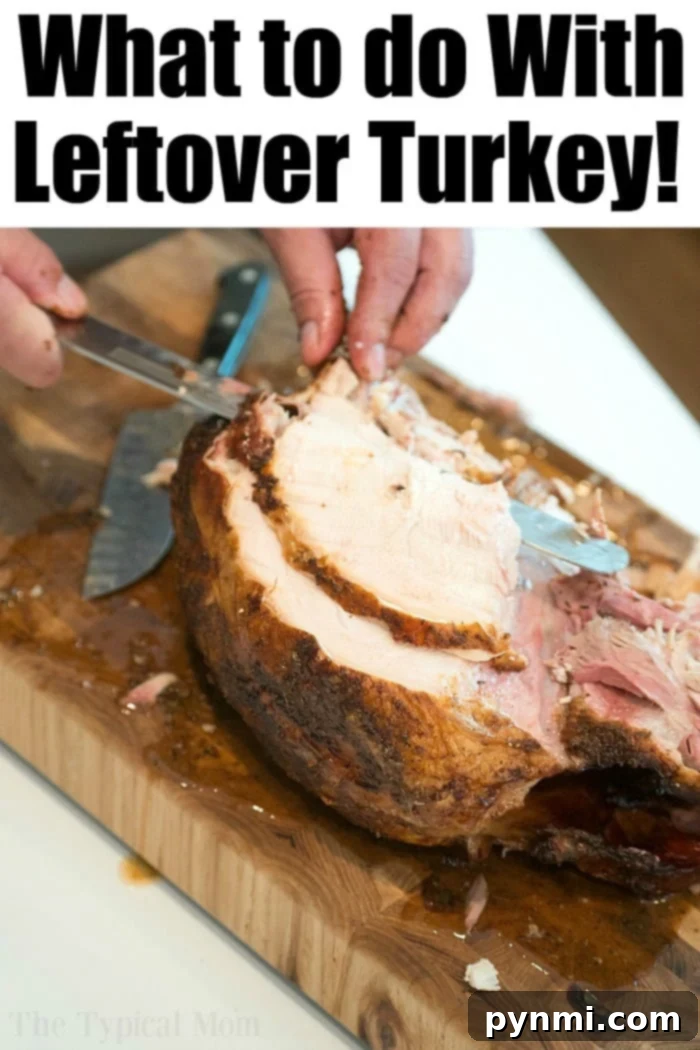 Expertly slicing a cooked turkey breast on a wooden cutting board, preparing the perfect protein for a flavorful leftover turkey recipe.