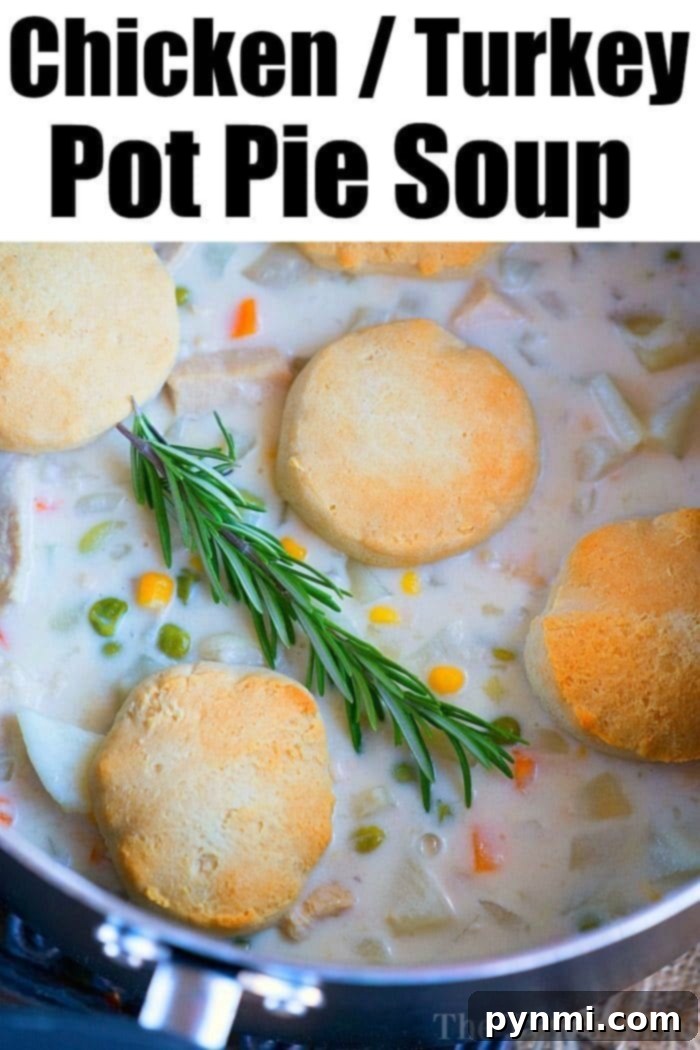 A close-up of a ladle pouring creamy turkey pot pie soup into a bowl, showcasing its rich texture and steam.