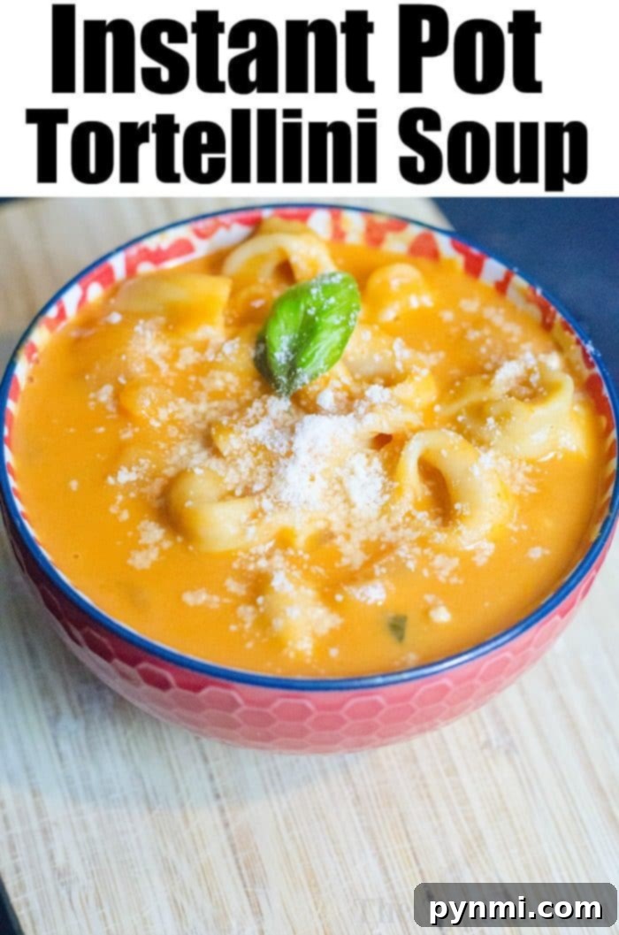 Velvety Tomato Basil Indulgence 5 A comforting bowl of Instant Pot tomato tortellini soup, garnished with Parmesan and basil, on a wooden table.