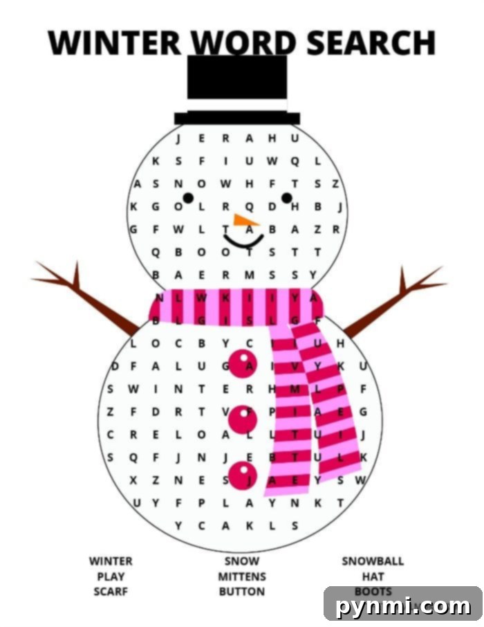Free printable snowman themed word search puzzle for kids