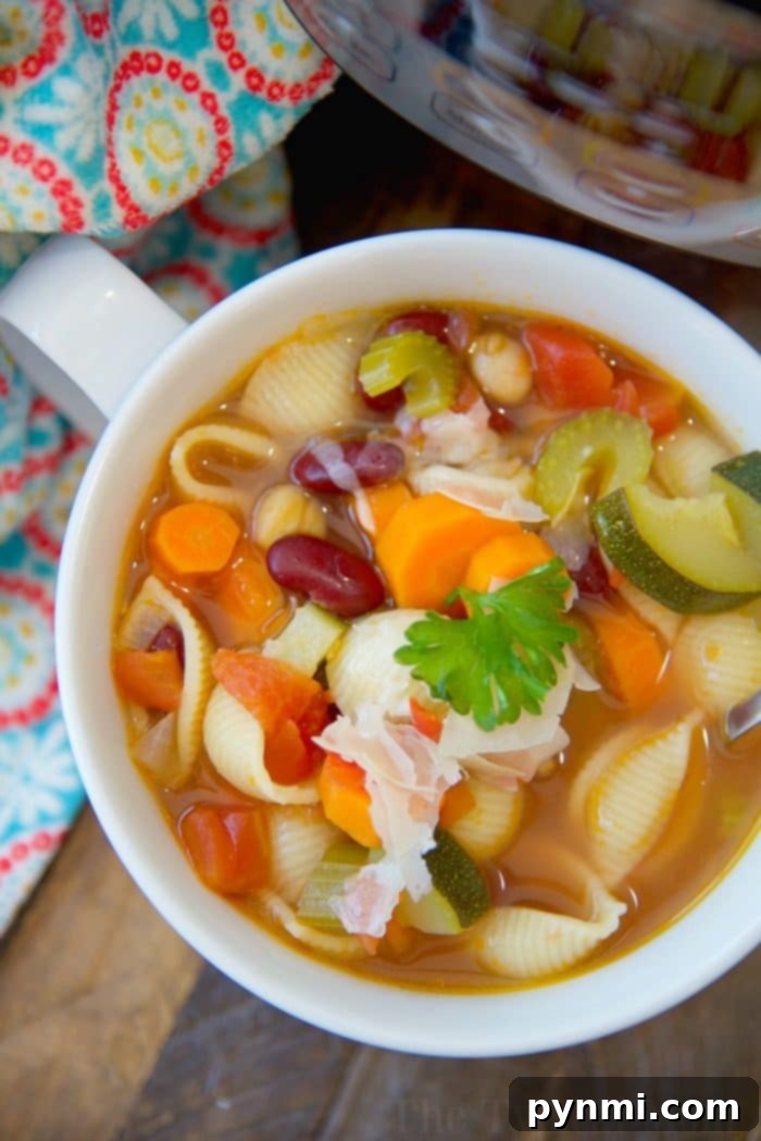 Here are 3 pressure cooker vegetable soup recipes that are easy to prepare with simple ingredients and can be loaded up with more if you like! #instantpot #instantpotrecipes #vegetable #soup #pastaefagioli #pressurecooker #vegetablesoup #healthy #vegetarian A close-up of a bowl of comforting minestrone soup, packed with pasta, bright carrots, tender zucchini, various beans, and elegantly garnished with fresh parsley. The soup is presented in a white bowl, suggesting it was perfectly cooked in an instant pot for a quick and satisfying meal.
