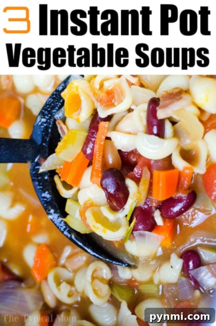 3 pressure cooker vegetable soup recipes that are easy to prepare with simple ingredients and can be loaded up with more if you like! #instantpot #instantpotrecipes #vegetable #soup #pastaefagioli #pressurecooker #vegetablesoup #healthy #vegetarian A collection of delicious Instant Pot vegetable soups, showcasing a variety of textures and ingredients, all prepared quickly and easily in a pressure cooker. Bowls filled with vibrant, healthy, and comforting soup.