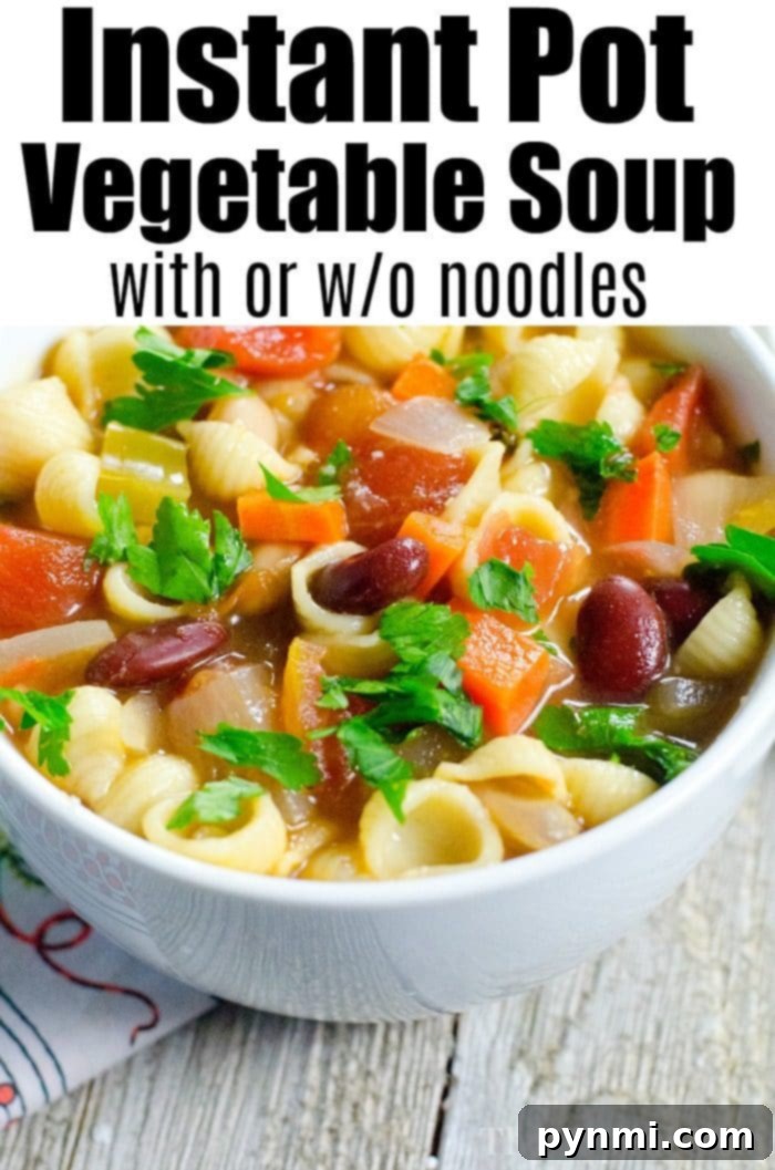 3 pressure cooker vegetable soup recipes that are easy to prepare with simple ingredients and can be loaded up with more if you like! #instantpot #instantpotrecipes #vegetable #soup #pastaefagioli #pressurecooker #vegetablesoup #healthy #vegetarian A steaming bowl of healthy Instant Pot vegetable soup, rich with colorful vegetables and a clear broth, presented in a rustic setting. This image highlights the freshness and wholesome nature of a quick pressure cooker meal.