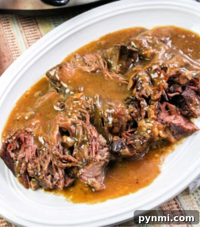 Melt-in-your-mouth pressure cooker roast beef with savory gravy.