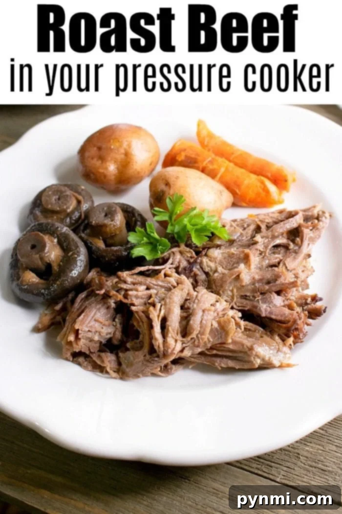 Hearty pressure cooker roast beef with vegetables and gravy.