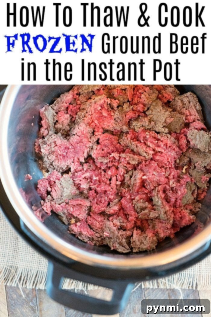 Instant Pot Frozen Ground Beef in a pressure cooker with condensation, ready to be thawed and cooked for a quick meal solution.