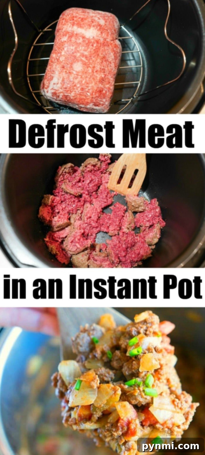 A large block of Instant Pot Frozen Ground Beef on a metal trivet, ready to be placed in the pressure cooker.