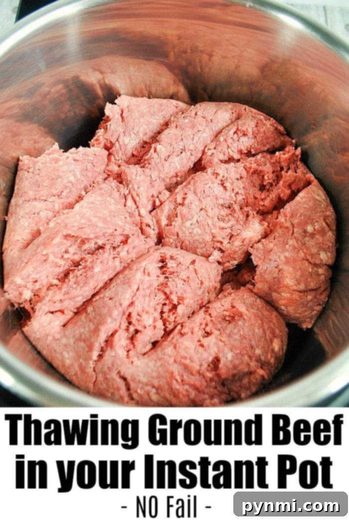 A block of frozen ground beef, partially thawed with a browned exterior, showcasing the results of Instant Pot thawing.