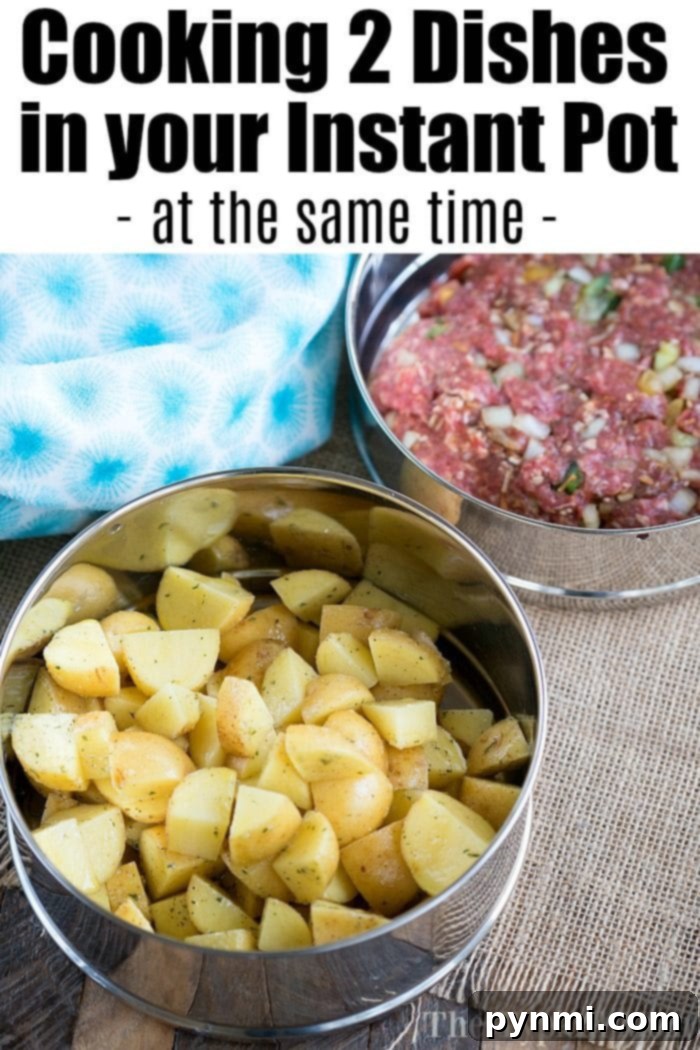 Instant Pot stackable pans loaded with meatloaf and potatoes