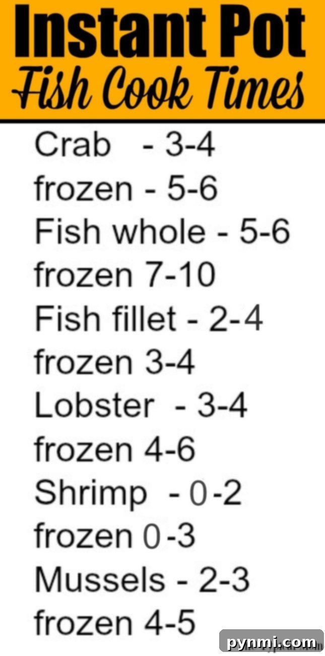 Instant Pot fish cooking times chart showing recommended durations for various seafood.