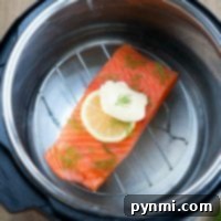Salmon fillet with lemon and dill in one of our favorite pressure cooker fish recipes, topped with a slice of butter.